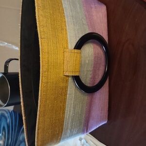 Colorful Striped Silk Clutch with Black Ring Accent